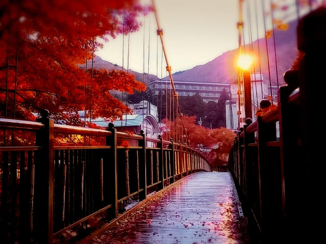 塩原温泉郷の紅の吊橋の風景